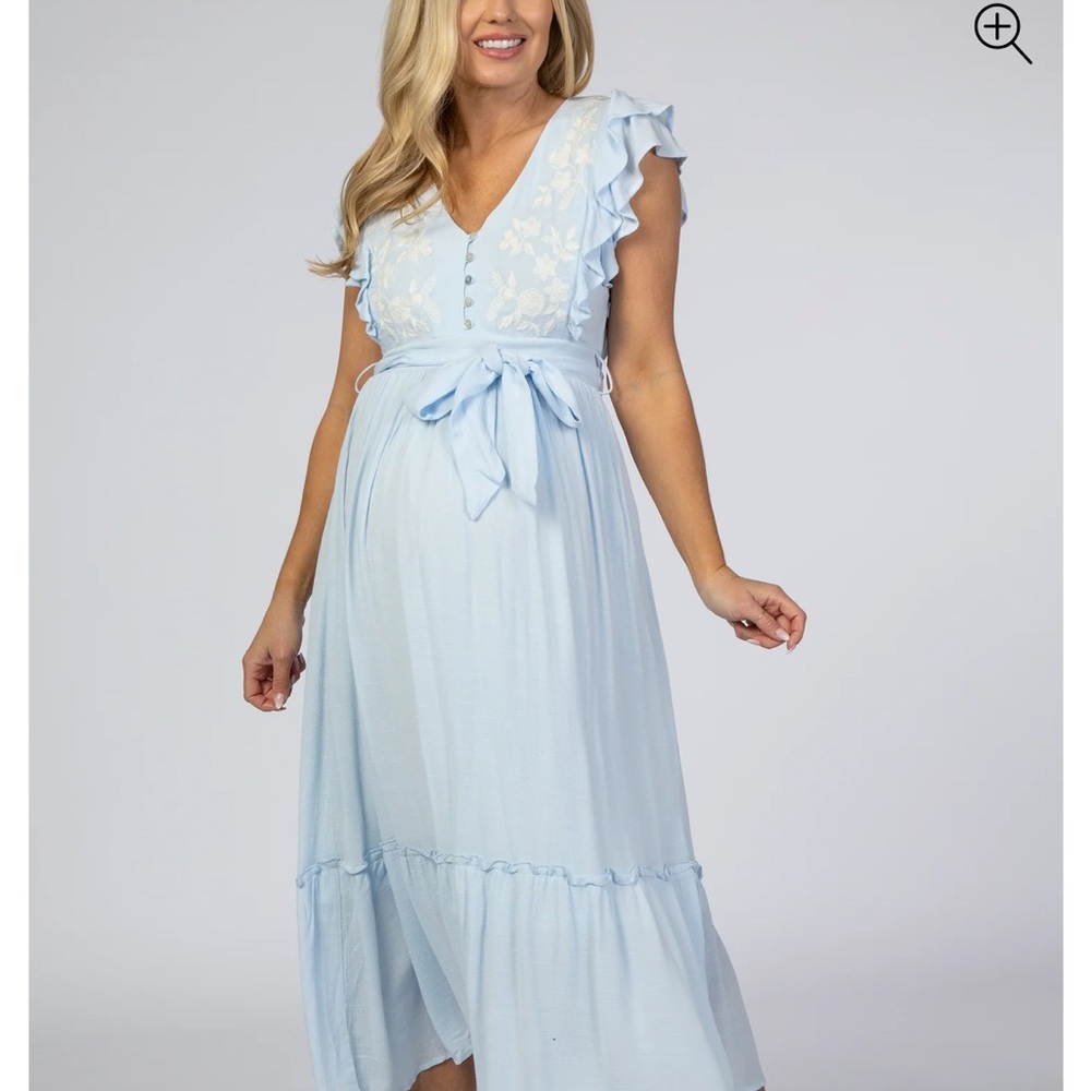 Light Blue Embroidered Waist Tie Ruffle Maternity Midi Dress
